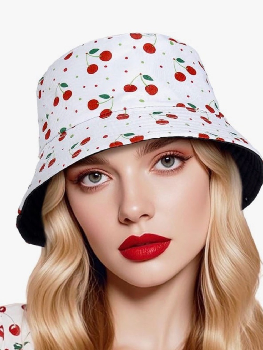 BUCKET HAT REVERSIBLE CHERRY PRINT SOLID BLACK OSFM NEW!